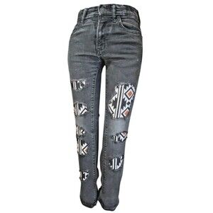 Old Navy Jeans Girls 12 Black Flex Distressed Boho Patches Adj. Waist (W26 L24)